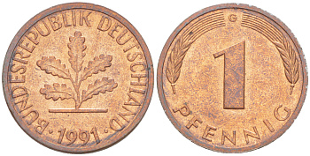 ФРГ 1 ПФЕННИГ 1991 G KM 105, J. 380 сталь плакированная медью 4181-713