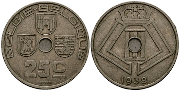 Бельгия 25 сантимов 1938 Belgie - Belgique KM 115 никель латунь 4512-313