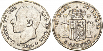 ИСПАНИЯ 5 ПЕСЕТ 1894 MS-M АЛЬФОНСО XII КОПИЯ 4184-932