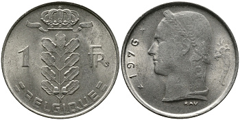БЕЛЬГИЯ 1 ФРАНК 1976 BELGIQUE KM 142.1 медно-никель 98-617