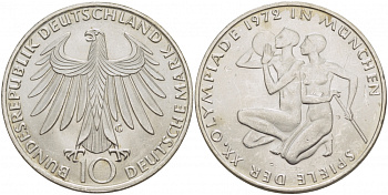 ФРГ 10 марок 1972 G, XX летние Олимпийские Игры, Мюнхен 1972, спортсмены KM 132, J. 403 серебро UNC 3457-414