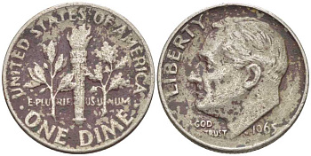 США 10 ЦЕНТОВ = 1 ДАЙМ 1965 РУЗВЕЛЬТ KM 195а медь плакированная медно-никелем 116-624