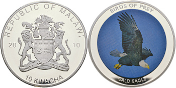 Малави 10 квача 2010 хищные птицы, белоголовый орлан, цветная эмаль диаметр 50 мм PROOF 05-089-11