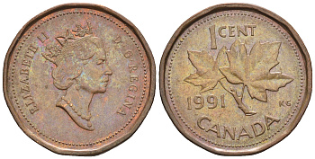 Канада 1 цент 1991 Елизавета II (1952-2022), кленовый лист KM 181 бронза 4609-234
