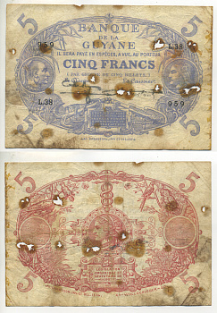 Французская Гвиана 5 франков 1942 1901 год Pick 1d бумага 451-302-1
