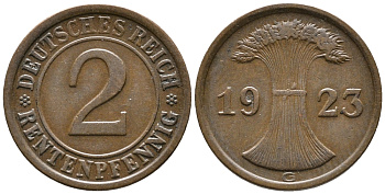 ГЕРМАНИЯ 2 РЕНТЕНПФЕННИГА 1923 G KM 31, J. 307 бронза 24-357