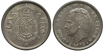 Испания 5 песет 1975 (80) Хуан Карлос I (1975-2014) KM 807 медно-никель 186-921