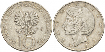 ПОЛЬША 10 ЗЛОТЫХ 1976 MW, АДАМ МИЦКЕВИЧ KM 74 медно-никель 213-814