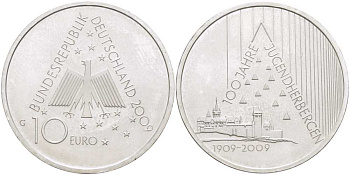 ФРГ 10 евро 2009 G, 100 лет молодежному хостел движению KM 283, DE.S. 10.43 серебро UNC 413-831