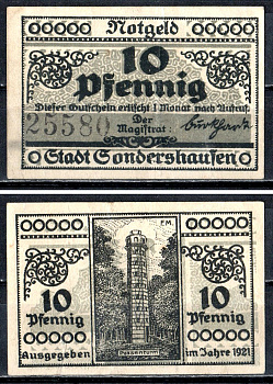 Зондерсхаузен (Тюрингия) 10 пфеннигов 1921 Mehl Grabowski 1241.3.2 бумага UNC (пресс) 7556-64-2-1