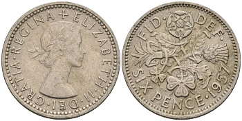 Великобритания 6 пенсов 1957 Елизавета II (1952-2022) KM 903, Spink 4149 медно-никель 4596-1039