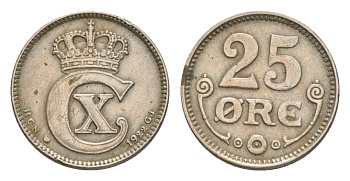 Дания 25 эре 1922 HCN; GJ, Кристиан X (1912-1947) KM 815a медно-никель 1527-1125