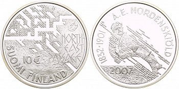 Финляндия 10 евро 2007 175 лет со дня рождения Нильс Адольфа Эрика Норденшёльда, первопроходец Северно-Восточного морского пути KM 134 серебро  PROOF  11-231-53