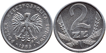 Польша 2 злотых 1989 MW, Народная Республика KM 80.3, Parchimowicz 219a алюминий 3458-232