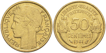 ФРАНЦИЯ 50 САНТИМОВ 1941 ТИП MORLON KM 894.1, LE FRANC 192.18 алюминиевая бронза 44-563