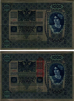 АВСТРИЯ 1000 КРОН 1919 КРАСНАЯ ВЕРТИКАЛЬНАЯ НАДПЕЧАТКА НА 1902 Pick 59 бумага VF 6352-55-1-1