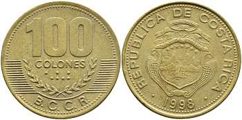 Коста-Рика 100 колон 1998 B.C.C.R. KM 230а латунь 4680-412