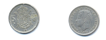 ИСПАНИЯ 5 ПЕСЕТ 1975 ХУАН КАРЛОС I KM 807 медно-никель 54-1637