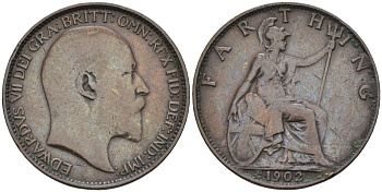 Великобритания 1 фартинг 1902 Эдуард VII (1901-1910), KM 792, Spink 3992 бронза 4115-651