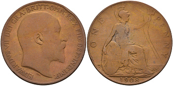 Великобритания 1 пенни 1908 Эдуард VII (1901-1910) KM 794.2, Spink 3990 бронза 4593-136