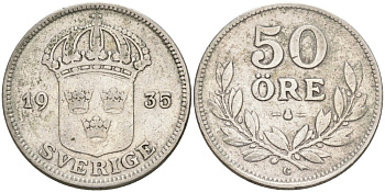 Швеция 50 эре 1935 G, Густав V (1907-1950) KM 788 серебро 4364-1943