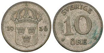 Швеция 10 эре 1936 G, Густав V (1907-1950), большая 6 KM 780 серебро 4615-1024