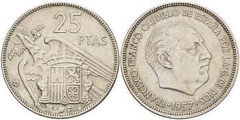 ИСПАНИЯ 25 ПЕСЕТ 1957 (66) ФРАНСИСКО ФРАНКО ДИКТАТОР ИСПАНИИ ( 1939- 1975) KM 787 медно-никель 216-656
