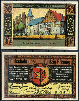 Германия, Барнтруп 50 пфеннигов 1921 нотгельд, городские виды Grabowski 66.1 бумага UNC (пресс) 444-52-2-2