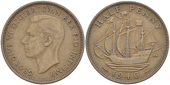 Великобритания 1/2 пенни 1940 Георг VI (1936-1952) KM 844, Spink 4115 бронза 4539-647