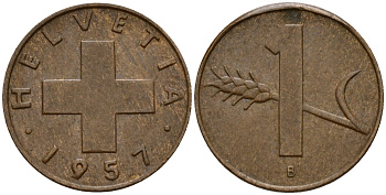 Швейцария 1 раппен 1957 KM 46 бронза 4158-715