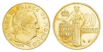 Монако 20 сантимов 1978 Ренье III (1949-2005) KM 143 медь алюминий никель UNC 4646-1155