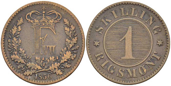ДАНИЯ 1 СКИЛЛИНГ РИГСМОНТ 1856 ФРЕДЕРИК VII (1848-1863) KM 763 (С135) бронза 113-411