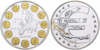 НИДЕРЛАНДЫ МЕДАЛЬ 2012 СЕРИЯ 10 ЛЕТ ЕВРО, ЦЕНТРАЛЬНАЯ МЕДАЛЬ С ИЗОБРАЖЕНИЕМ ВСЕХ СТРАН ЕВРОСОЮЗА, СЕРЕБРЕНИЕ, ПОЗОЛОТА, ДИАМЕТР 40 ММ., ПОХИЩЕНИЕ ЕВРОПЫ медно-никель PROOF 01-144-12