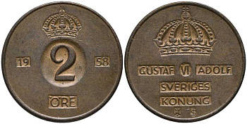 Швеция 2 эре 1958 TS, Густав VI Адольф (1950-1973) KM 821 бронза 202-636
