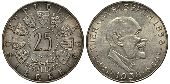 Австрия 25 шиллингов 1958 100 лет со дня рождения Карла Вельсбаха KM 2884 серебро aUNC 1520-124