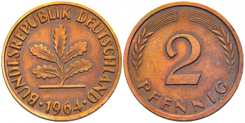 ФРГ 2 ПФЕННИГА 1964 J KM 106, J.381 бронза 4396-1556