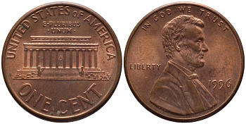 США 1 ЦЕНТ 1996 ЛИНКОЛЬН KM 201b цинк плакированный медью 66-1062