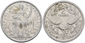 Французская Новая Каледония 2 франка 1995 птица кагу, (IEOM) KM 14, Schoen 11, Lec 68 алюминий    23-837