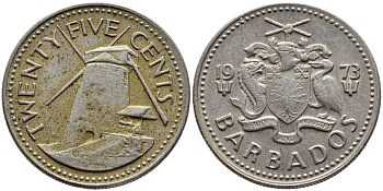 Барбадос 25 центов 1973 ветряная мельница Моргана Льюиса KM 13 медно-никель 4398-323