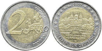 ФРГ 2 евро 2007 F, серия федеральные земли, Мекленбург-Передняя Померания, Шверинский замок KM 260 биметалл 93-946