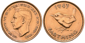 Великобритания 1 фартинг 1943 Георг VI (1936-1952) KM 843, Spink 4116 бронза 4387-346