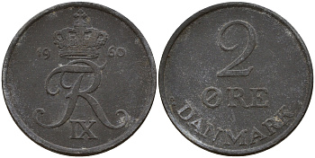 Дания 2 эре 1960 C; S, Фредерик IX (1947-1972) KM 840.2 цинк    4601-845
