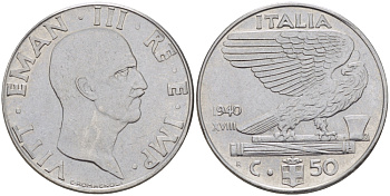 ИТАЛИЯ 50 ЧЕНТЕЗИМО 1940 ВИКТОР ИМАНУИЛ III, НЕ МАГНИТНАЯ KM 76b нержавеющая сталь 31-1046