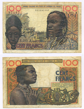 ФРАНЦУЗСКИЕ ЗАПАДНО-АФРИКАНСКИЕ ШТАТЫ 100 ФРАНКОВ 1964 БУКВА А, КОТ-д' ИВУАР, ПОДПИСЬ 3, 2 ДЕКАБРЯ 1964 Pick 101Аd бумага 6301-40-2