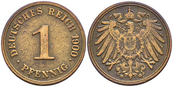 ГЕРМАНИЯ 1 ПФЕННИГ 1900 G KM 10, Jager. 10, Weege 2 медь 4528-1165