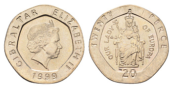 Гибралтар 20 пенсов 1999 KM 777 медно-никель UNC 4668-528