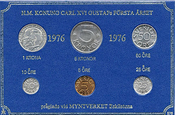 Швеция набор монетного двора из 6 монет 1976 в картоне, Карл XVI Густав (1973- ) KM MS4 UNC 7-5-7-223