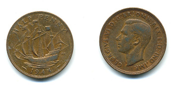 Великобритания 1/2 пенни 1944 Георг VI (1936-1952) KM 844, Spink 4115 бронза 540-436