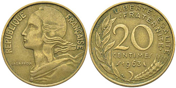 ФРАНЦИЯ 20 САНТИМОВ 1963 ТИП MARIANNE KM 930, LE FRANC 156.3 медь алюминий никель 175-756