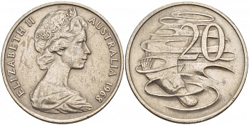 Австралия 20 центов 1968 Елизавета II (1952-2022), утконос KM 66 медно-никель 4545-244